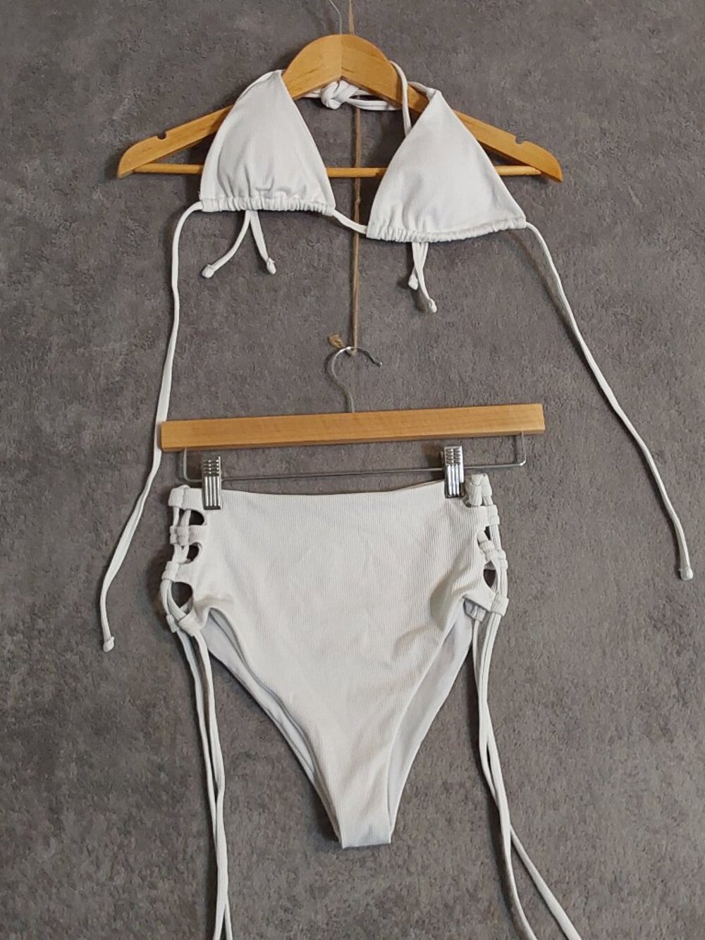 White Ribbed High Waisted Bikini Set Halter Triangle Lace Up Side Swimsuit M